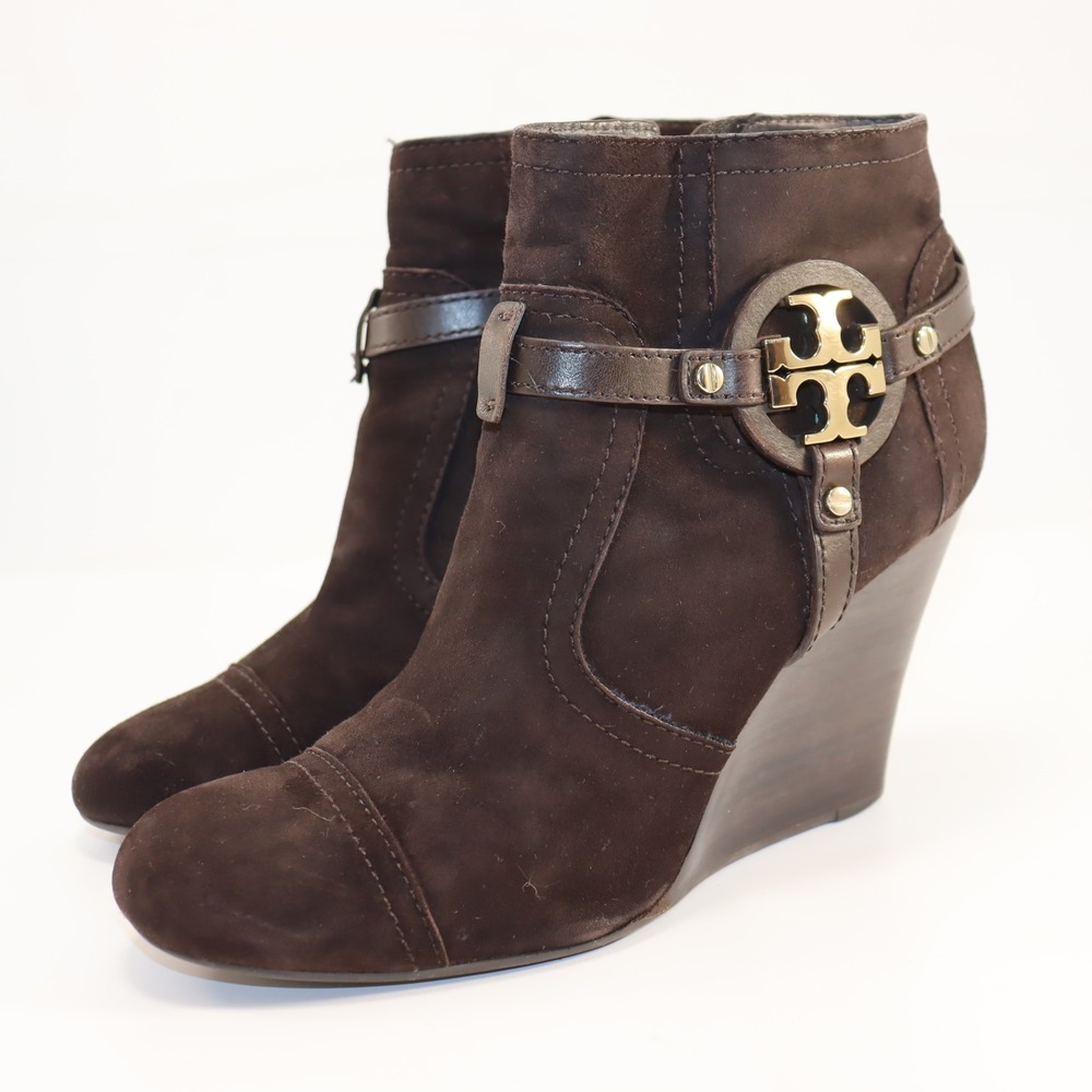 Tory Burch Suede Wedge Ankle Boots Women 8.5 Brown Excellent Logo Medallion 4208 - Picture 2 of 7